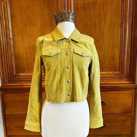 Anthropologie Blank NYC Chartreuse  Leather Cropped Jacket Size Medium - Picture 1 of 15